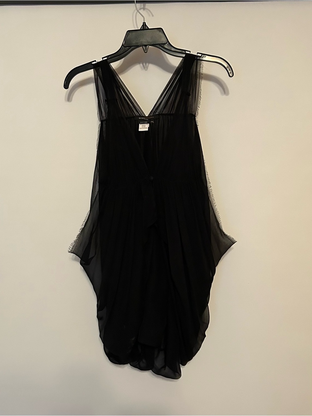BCBGMaxAzria Black Sheer Pleated V-Neck Silk Dress